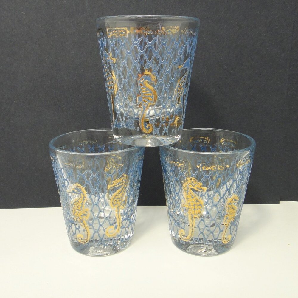 CULVER Gold Leaf Seahorse Blue Net Shot Glass Seafare Collection Set 3 Glasses